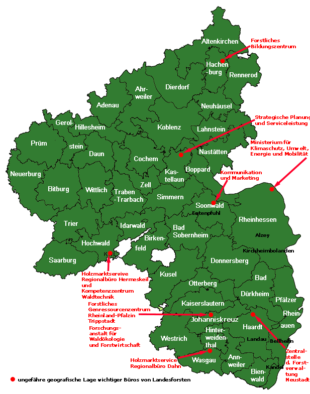 Georagische Lage wichtiger Büros von Landesforsten Rheinland-Pfalz
