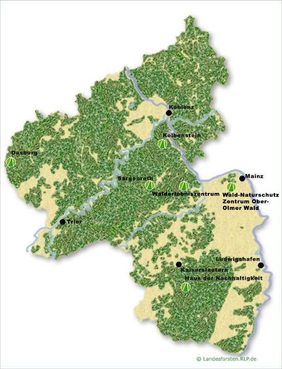 Rheinland-Pfalzkarte mit Verteilung unserer Zentren nachhaltiger Bildung. Wählen Sie hier auf der Karte oder rechts im Menü der Marginalspalte.